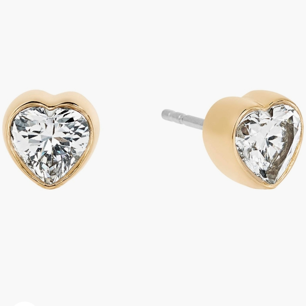 MK Signature Logo Engraved Heart Studs Gold-tone New In Box Style# MKJX7792